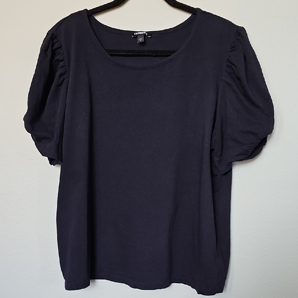 Express Fun Casual Navy Blue Puff Sleeve Cotton Blouse XL